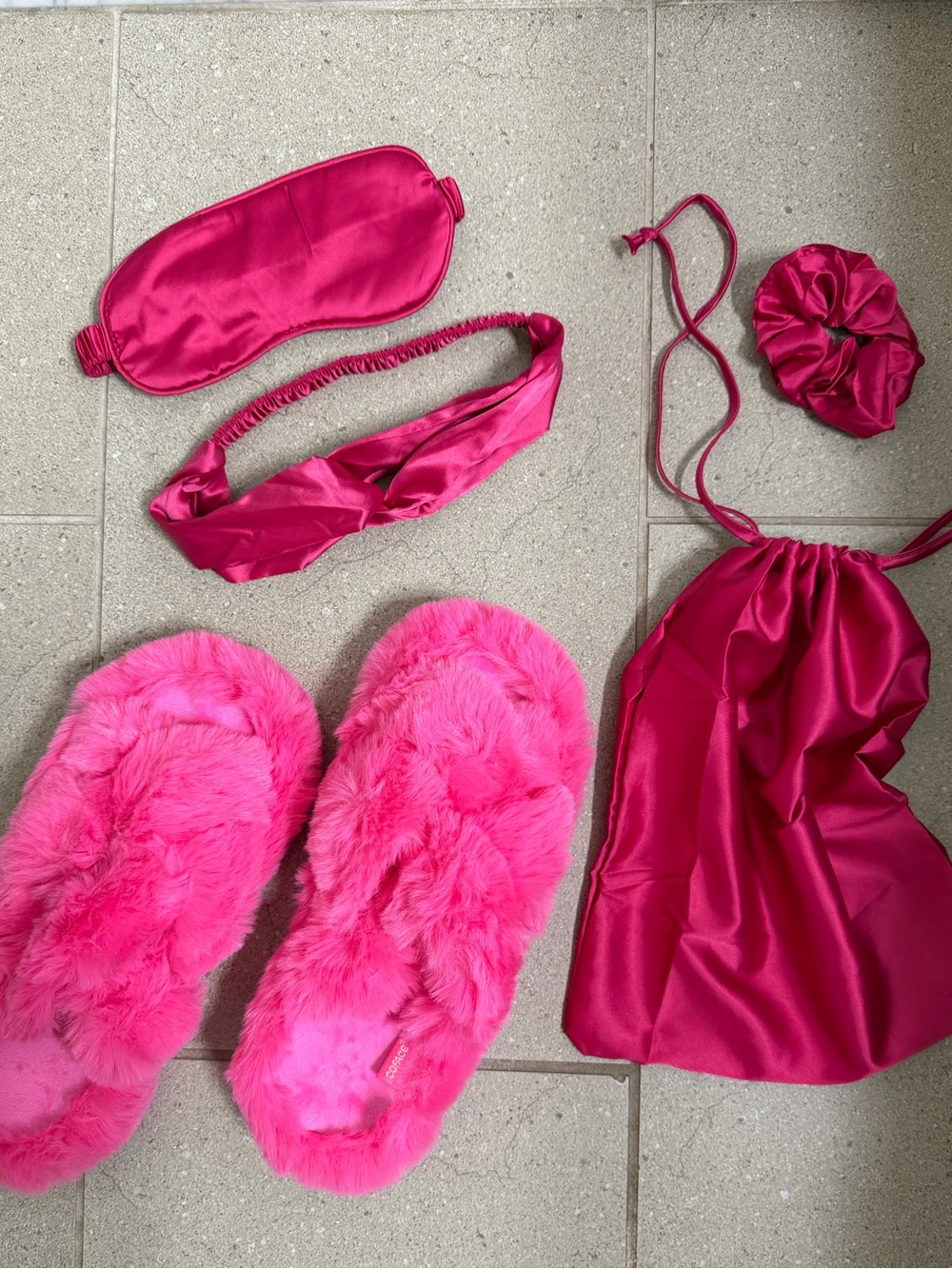 Hot Pink Satin Sleep Set with Fuzzy Slippers